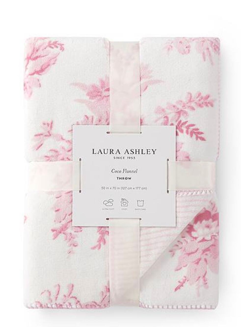 Laura Ashley Reversible Coco Flannel Throw Blanket Pink & White Floral 50x70